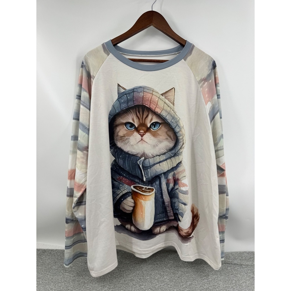 Cat Kitty Winter Coffee Graphic Soft Knit Long Sleeve Tee Top Size 4X 4XL